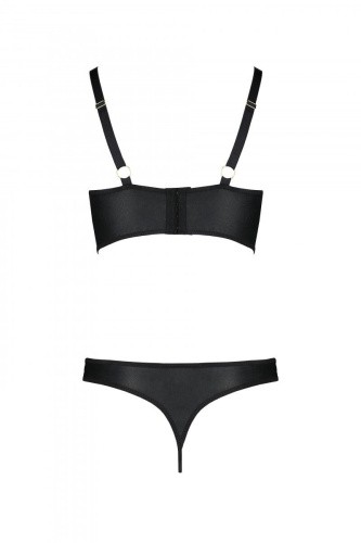 Passion Malwia Bikini - Комплект из эко-кожи: с люверсами и ремешками, бра и трусики, S/M (чёрный)