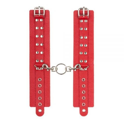 sLash Leather Rastraints Hand Cuffs - кожаные БДСМ наручники с двумя рядами заклёпок, 25 см (красный)
