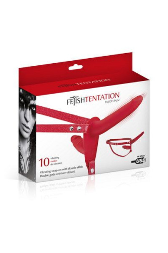 Двойной страпон Fetish Tentation Vibrating Strap-On with Double Dildo, 15 см