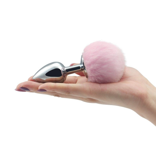 LoveToy Pompon Metal Plug Small - маленькая серебристая анальная пробка с хвостиком, 7х2.8 см (розовый)