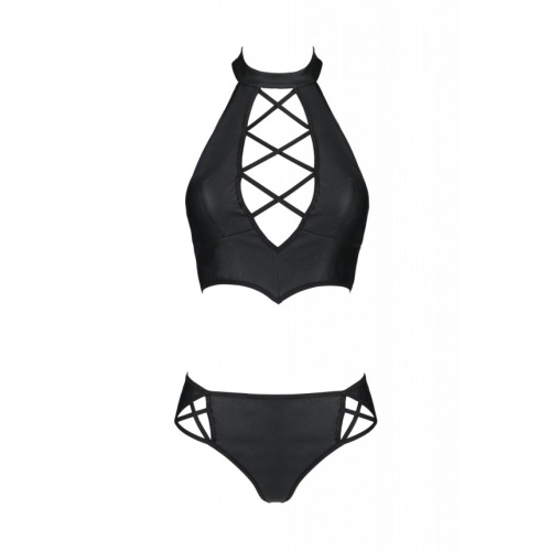 Passion Nancy Bikini - Комплект из эко-кожи: бра и трусики с имитацией шнуровки, 4XL/5XL (чёрный)