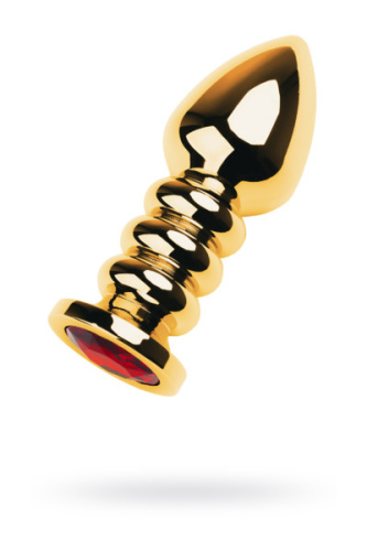 TOYFA Metal Gold anal plug - золотистая витая анальная пробка с кристаллом, 8.5х3.8 см (красный)