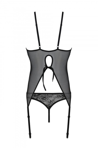 Passion Ursula Corset корсет с пажами, трусики с ажурным декором и открытым шагом, S/M (чёрный)