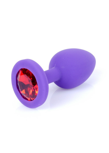 B-Series Jewellery Purple Silikon Plug Small Red Diamond - Анальная пробка с кристаллом, 7х2.7 см (фиолетовый с красным)