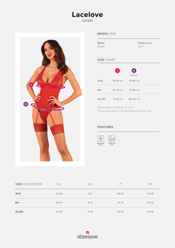 Obsessive Lacelove corset - эротический корсет с подвязками и стринги, XL/XXL (красный)