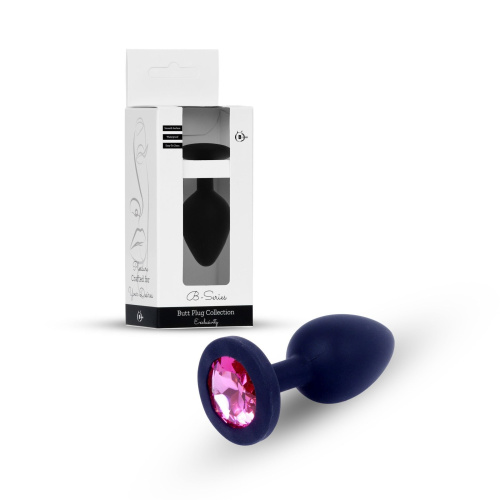 B-Series Silikon Plug Jewellery Black Medium - Анальная пробка с кристаллом, 8х3.5 см (черный с розовым)