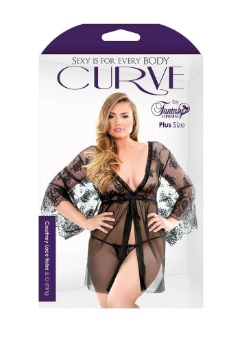 Fantasy Lingerie - Черный пеньюар с кружевом и стринги  XL/ХХL