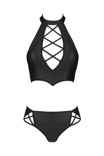 Passion Nancy Bikini - Комплект из эко-кожи: бра и трусики с имитацией шнуровки, L/XL (чёрный)