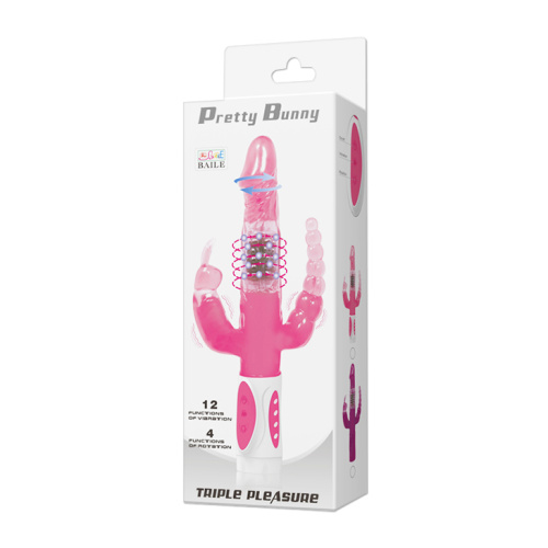 LyBaile - Pretty Bunny Vibrator - Triple Pleasure - Анально-вагинальный вибратор с клиторальным отростком, 22.3х3.2 см (розовый)