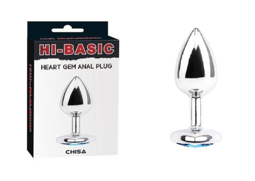 Chisa Hi-Basic Blue Gem Anal Plug - Анальная пробка металлическая с кристаллом в форме сердца, 7.1х2.8 см (серебристый с голубым)