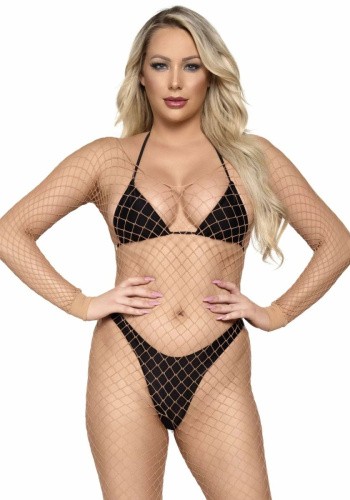 Leg Avenue Long Sleeved - Бодистокинг в крупную сетку, OS (телесный)