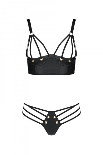 Passion Malwia Bikini - Комплект из эко-кожи: с люверсами и ремешками, бра и трусики, XXL/XXXL(чёрный)