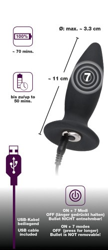Orion Black Velvets Rechargeable Plug Small - силиконовая анальная пробка с вибрацией, 11х3.3 см (черный)