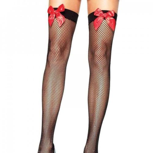 Leg Avenue Fishnet Thigh Highs With Bow - чулочки сетка с бантиком (черный с красным)