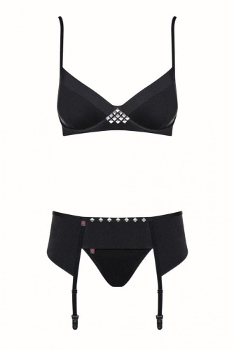 Obsessive Gretia set - эротический комплект бюстгальтер, стринги и пояс для чулок, S/M (чёрный)