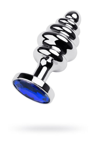 Toyfa Metal Silver anal plug with blue gem - витая серебристая анальная пробка с кристаллом, 7.2х2.9 см (синий)