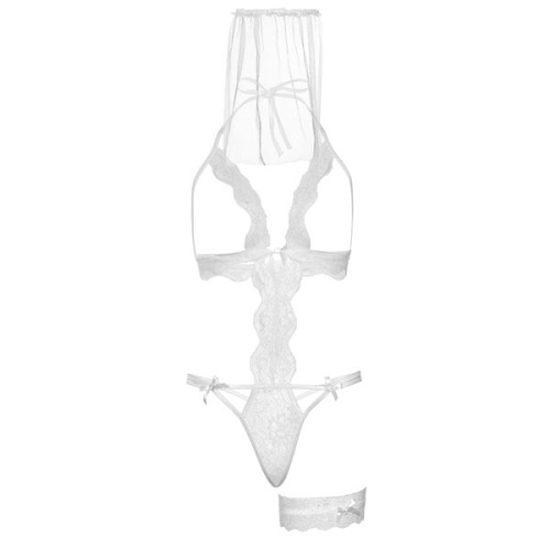 Leg Avenue - G-string teddy, veil & garter - Комплект невесты, O/S (белый)