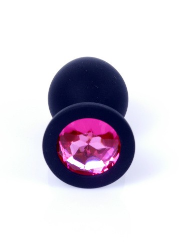Boss Silikon Plug Jewellery Black Medium - Анальная пробка с кристаллом, 8х3.5 см (черный с розовым)