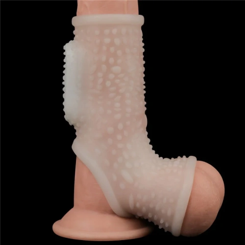 LoveToy Vibrating Drip Knights Ring with Scrotum Sleeve - стимулююча вібронасадка на член, 13 см (білий) - купити в Києві, Україні