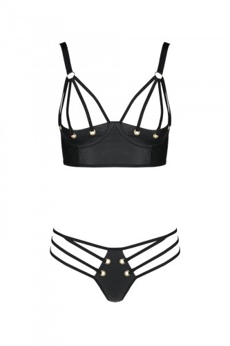 Passion Malwia Bikini - Комплект из эко-кожи с люверсами и ремешками, бра и трусики, 4XL/5XL (чёрный)