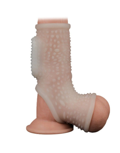 LoveToy Vibrating Drip Knights Ring with Scrotum Sleeve - стимулююча вібронасадка на член, 13 см (білий) - купити в Києві, Україні