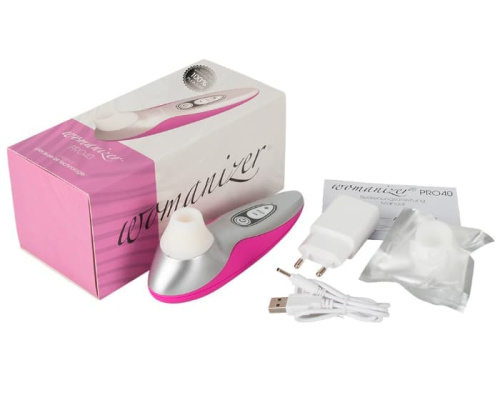 Womanizer Pro40 - Вакуумный стимулятор клитора, 16х4.5 см (белый с малиновым)