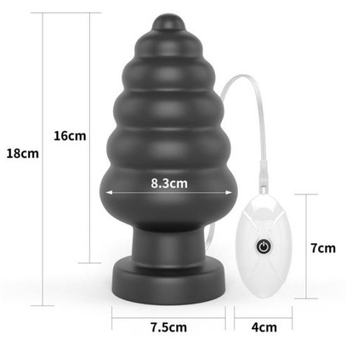 LoveToy King Sized Vibrating Anal Cracker 7 – велика ребриста анальна пробка з вібрацією, 18х8.3 см (чорний) - купити в Києві, Україні