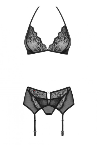 Obsessive Merossa set - эротический комплект бюстгальтер, стринги и пояс для чулок, L/XL (чёрный)