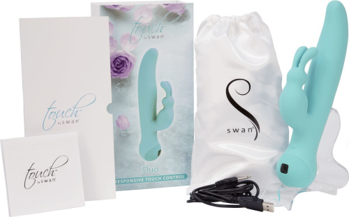 Swan Touch Duo Teal - вибратор-кролик с сенсорным управлением и ротацией, 14х3.8 см (голубой)