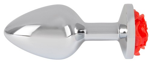 Orion Rose Butt Plug - Анальна пробка с розой в основании, 9х3.4 см (серебристый с красным)