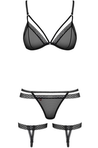 Obsessive 855-SEA-1 set - эротический комплект из тюля с декоративными ремешками, L/XL (чёрный)