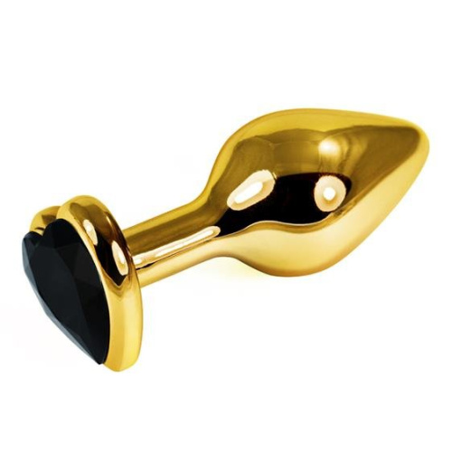 LoveToy Gold Heart Plug Black - металлическая анальная пробка с кристаллом в форме сердца, 8х3 см (золотистый с чёрным)