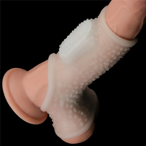 LoveToy Vibrating Drip Knights Ring with Scrotum Sleeve - стимулююча вібронасадка на член, 13 см (білий) - купити в Києві, Україні