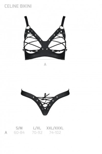 Passion Celine Bikini - Комплект белья под кожу: бюстгальтер и трусики со шнуровкой, S/M (чёрный)