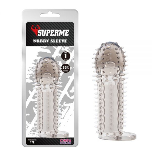 SuperMe Nubby Sleeve - Насадка на член с шипами, 14.5х4.8 см (серый)