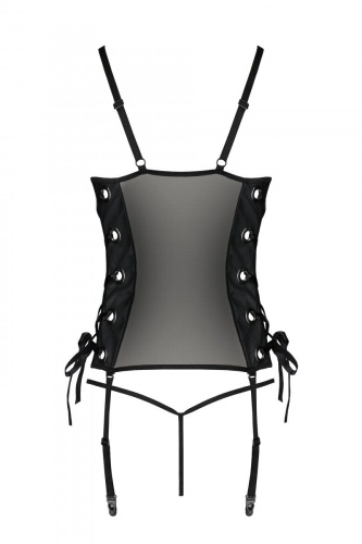 Passion Malwia Corset сетчатый корсет из эко-кожи с люверсами и съемными пажами, L/XL (чёрный)