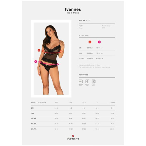 Obsessive Ivannes top & thong - Комплект эротического белья: топ и трусики, 2XL/3XL (чёрный)