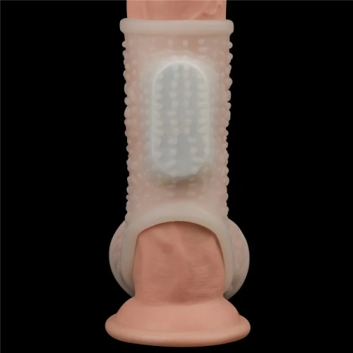 LoveToy Vibrating Drip Knights Ring with Scrotum Sleeve - стимулююча вібронасадка на член, 13 см (білий) - купити в Києві, Україні