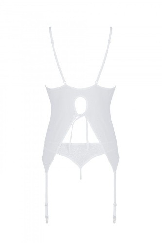 Passion Ursula Corset корсет с пажами, трусики с ажурным декором и открытым шагом, S/M (белый)