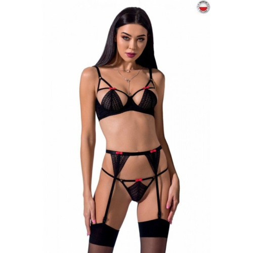 Passion Exclusive Perdita Set - Комплект белья: лиф, стринги и пояс для чулок, S/M (чёрный)