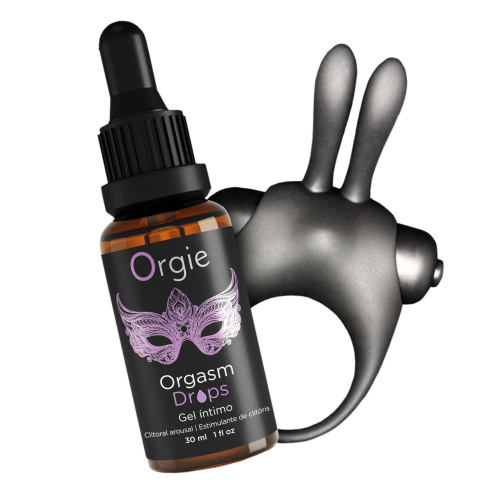 Набор возбуждающие капли для клитора + виброкольцо Orgie Orgasmic Bunny