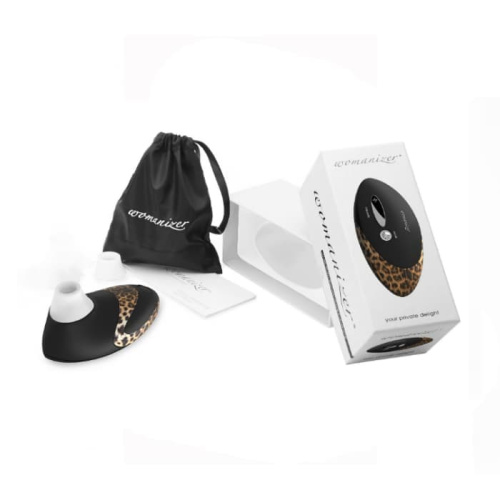 Womanizer W500 - Вакуумный стимулятор клитора с кристаллом Swarovski, 12х6 см (чёрный с леопардом)