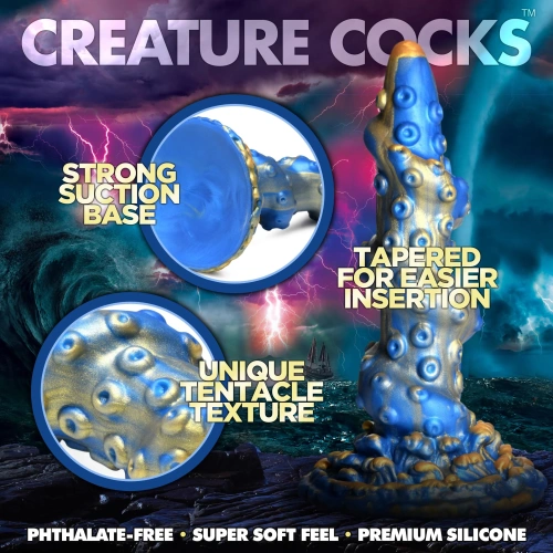 Creature Cocks Lord Kraken Tentacled Silicone Dildo - фантазийный фаллоимитатор Кракен, 21.1х5.1 (синий с золотым)