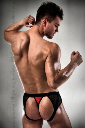 Passion 007 Thong - Мужские трусики с красным гульфиком, L/XL (чёрные с красным)
