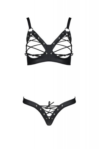 Passion Celine Bikini - Комплект из экокожи: открытый бра с лентами, стринги со шнуровкой, 6XL/7XL (чёрный)