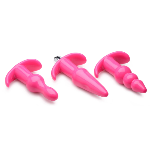 Frisky Thrill Trio Pink Vibrating Plug Set - набор из 3 анальных пробок различной формы и вибропули