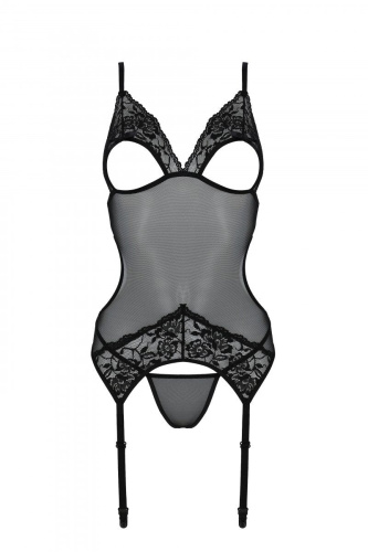 Passion - Christa Corset - Корсет с подвязками, ажурным лифом и стрингами, S/M (чёрный)