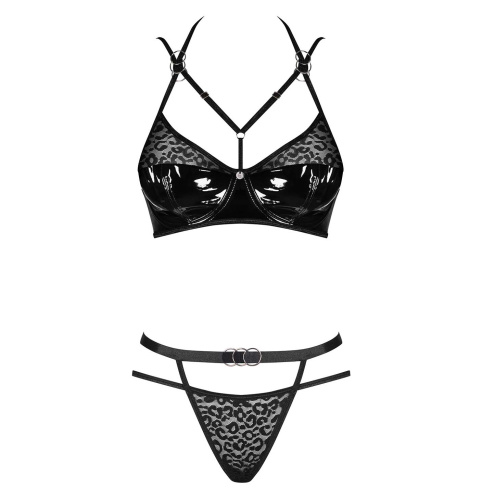 Obsessive Bagirela 2-pcs set - Комплект білизни з лаковими вставками (бюстгальтер та трусики) S/M (чорний) - купити в Києві, Україні