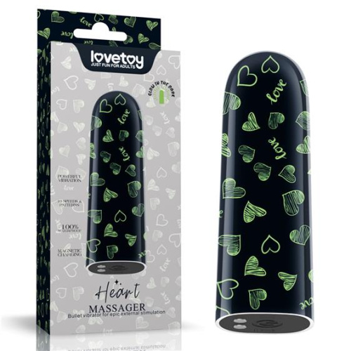 LoveToy Heart Massager Glow In The Dark - Вибропуля, 8,5 см (черный)