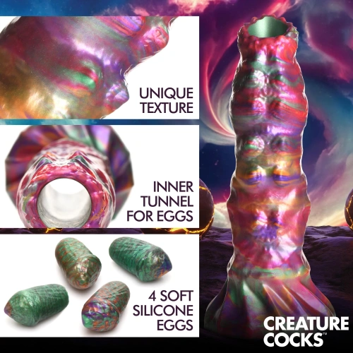 Creature Cocks Larva Silicone Ovipositor Dildo - фантазийный фаллоимитатор инопланетянина с 4 личинками-яйцами, 22.9х6.1 см (радужный)
